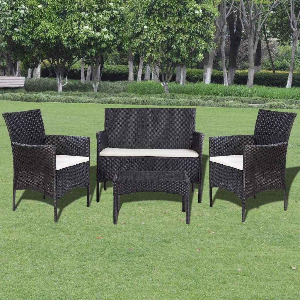 Garden Sofa Set 7 Pieces Poly Rattan Black And Cream White
