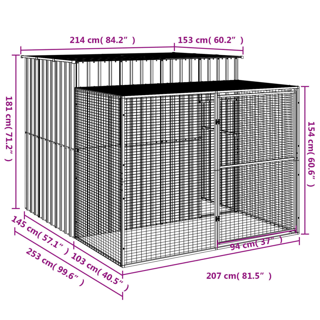 Dog House With Run Galvanised Steel