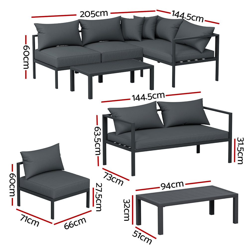 Outdoor Lounge Set 4 Seater Aluminium Outdoor Sofa Setting Patio Set Charcoal