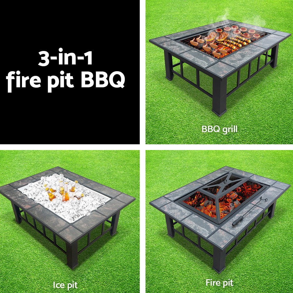 Fire Pit | Rectangular 3-In-1 with BBQ Grill and Ice Bucket | Grillz Brand | 94 x 71cm
