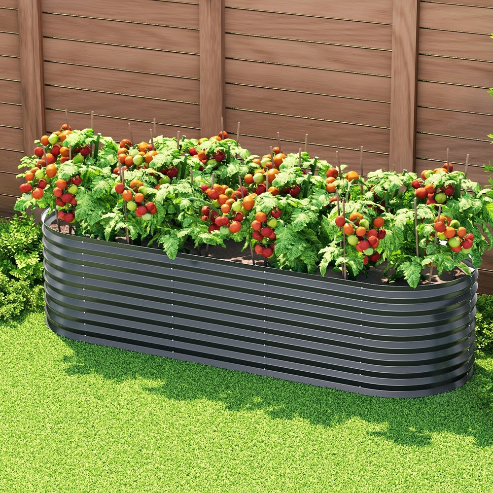 Garden Bed | Oval Raised Container Planter Box | 240x80x56cm | Galvanised Steel | Greenfingers | Grey