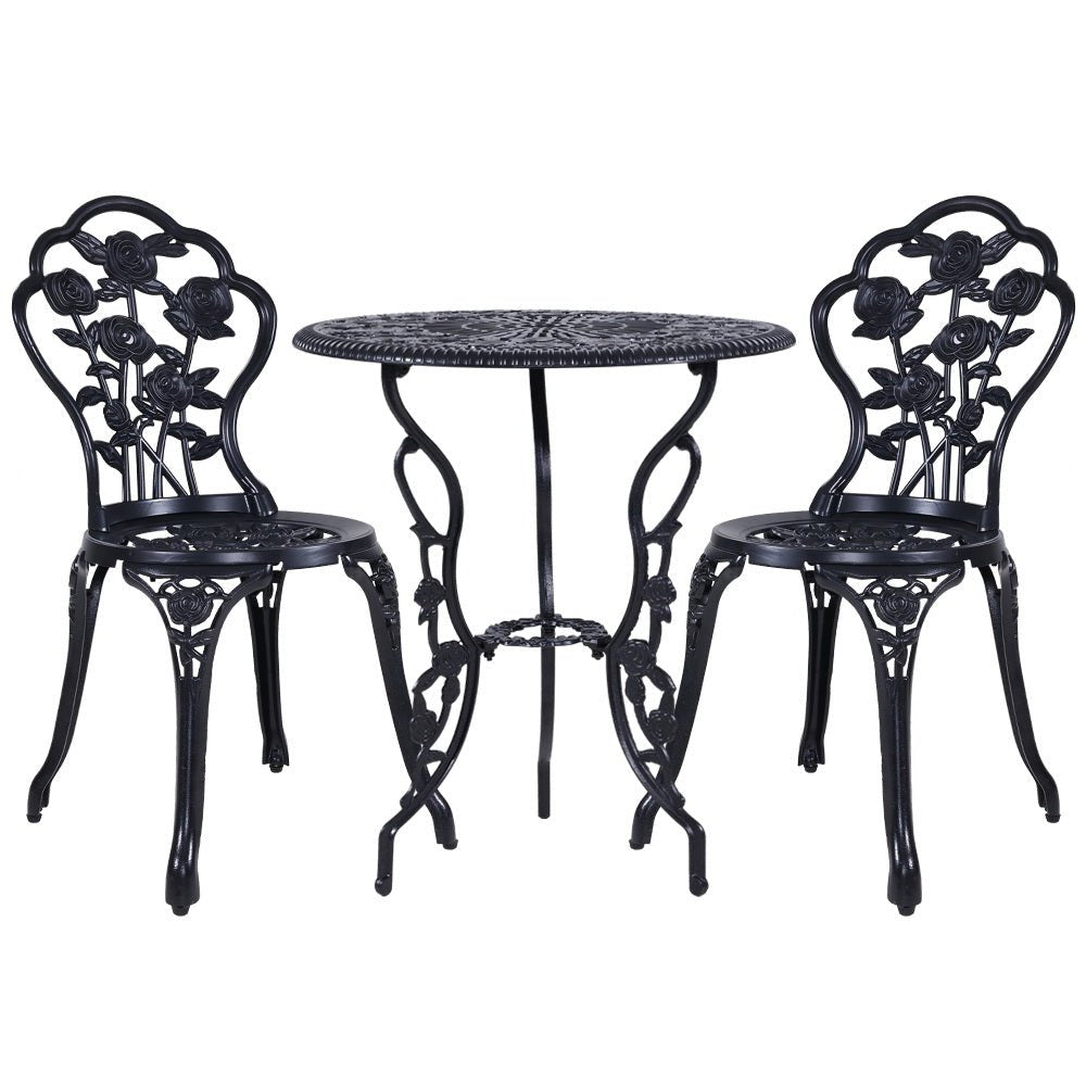Outdoor Dining Setting for 2 | Bistro Set | Cast Aluminium | Rose Design | Black