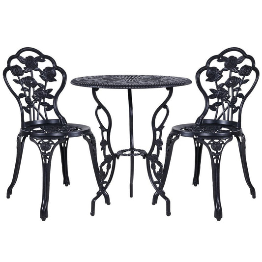 Outdoor Dining Setting for 2 | Bistro Set | Cast Aluminium | Rose Design | Black