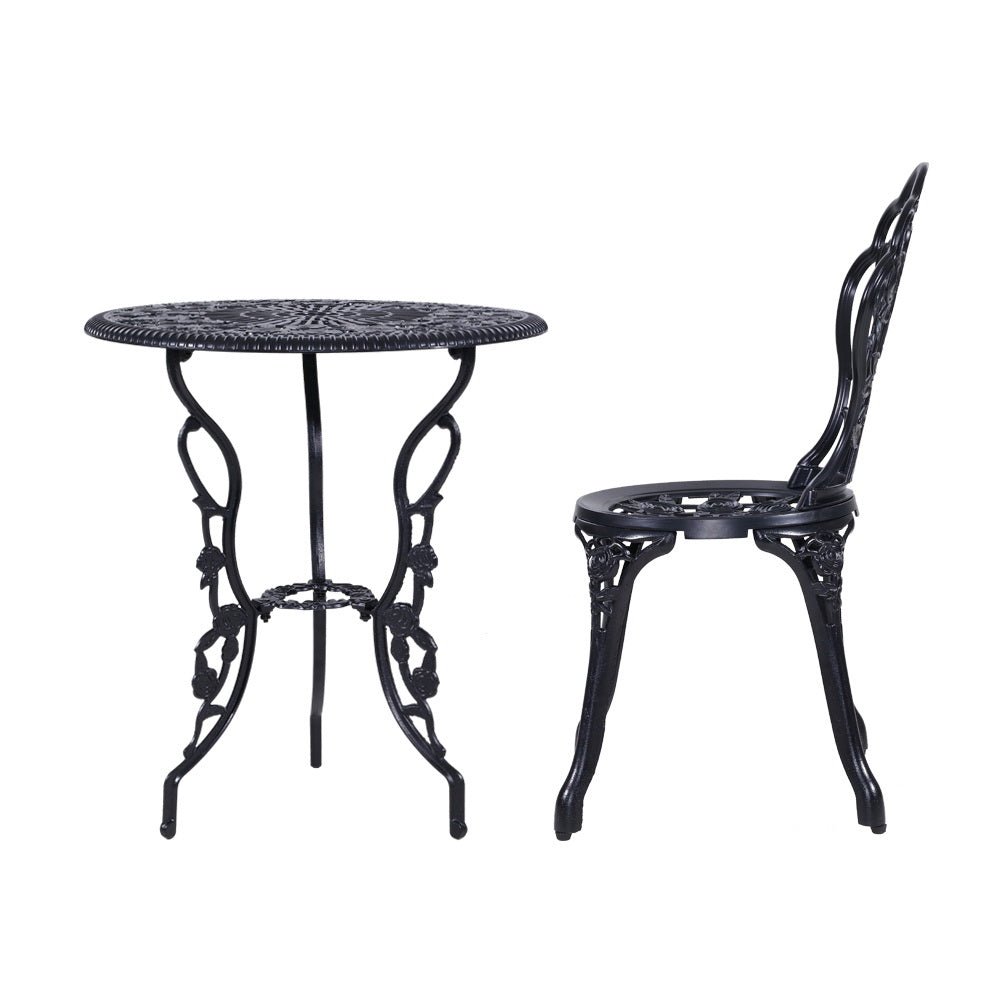 Outdoor Dining Setting for 2 | Bistro Set | Cast Aluminium | Rose Design | Black