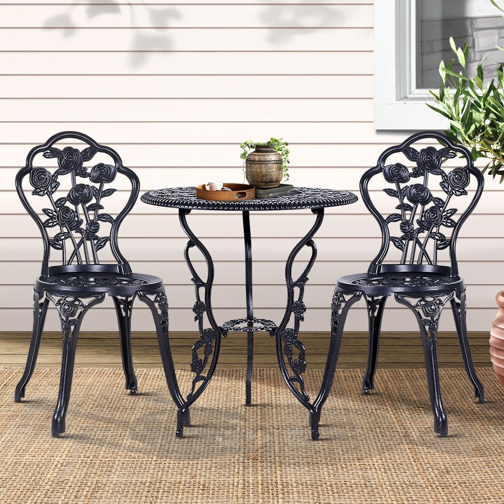 Outdoor Dining Setting for 2 | Bistro Set | Cast Aluminium | Rose Design | Black