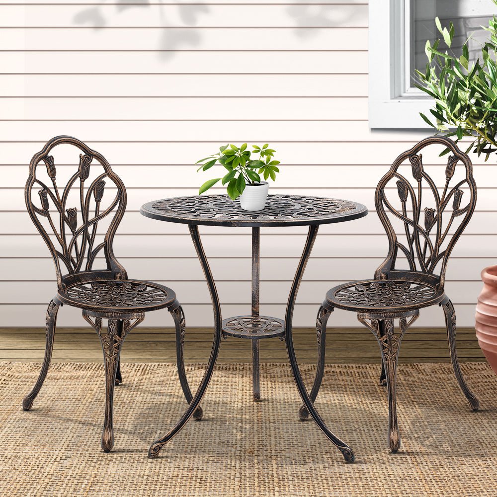 Outdoor Dining Setting for 2 | Bistro Set | Cast Aluminium | Tulip Design | Bronze