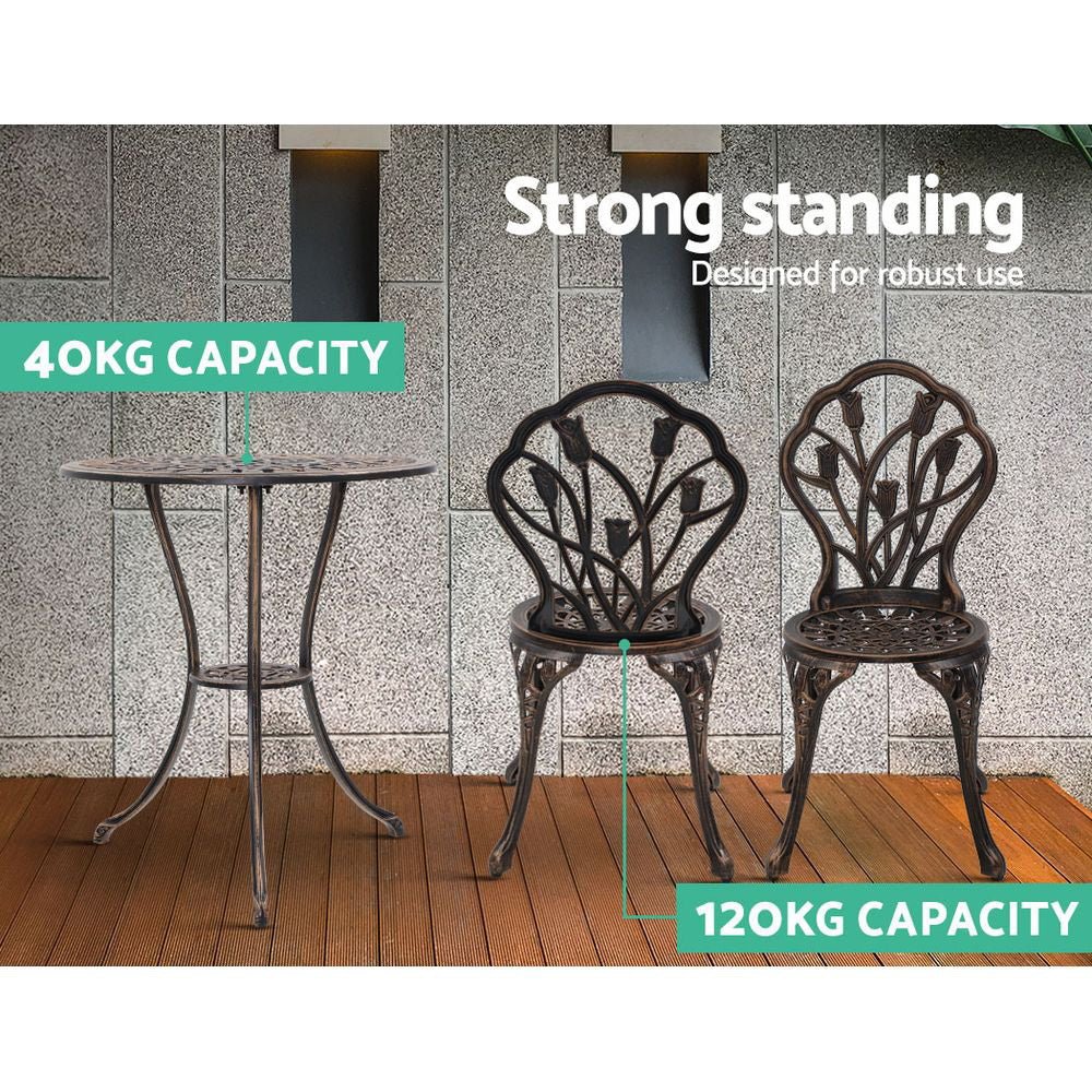 Outdoor Dining Setting for 2 | Bistro Set | Cast Aluminium | Tulip Design | Bronze