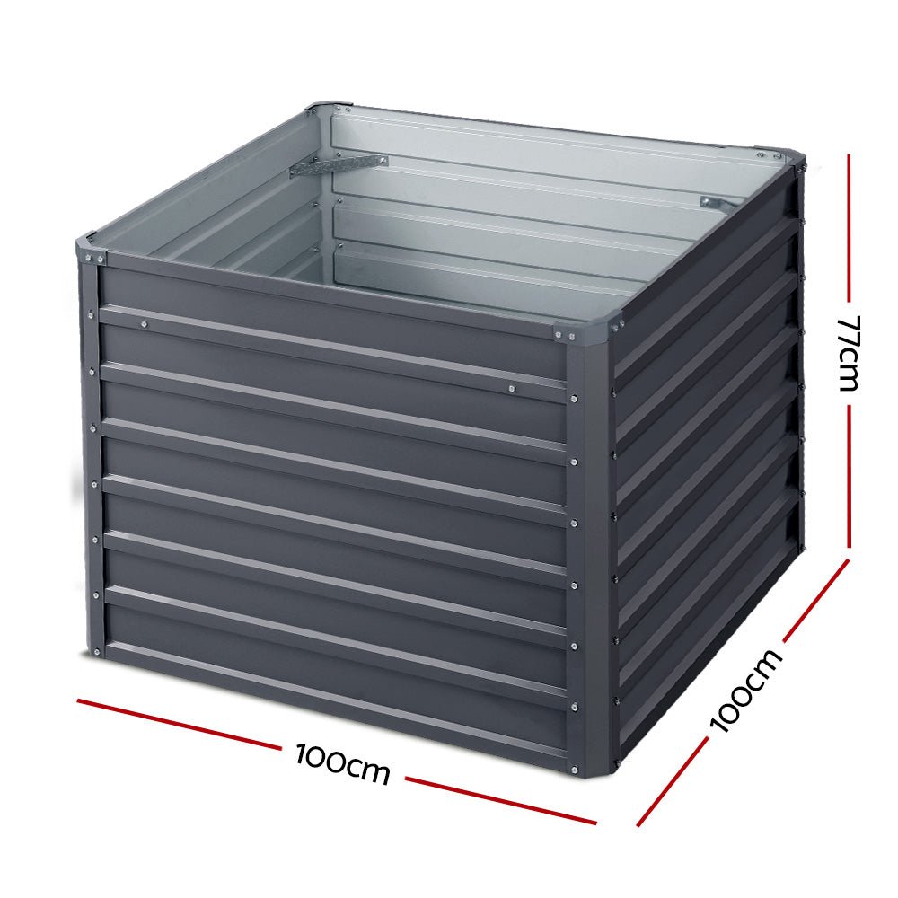 Garden Bed | 2x Square Raised Container Planter Box | 100x100x77cm | Galvanised Steel | Greenfingers | Grey