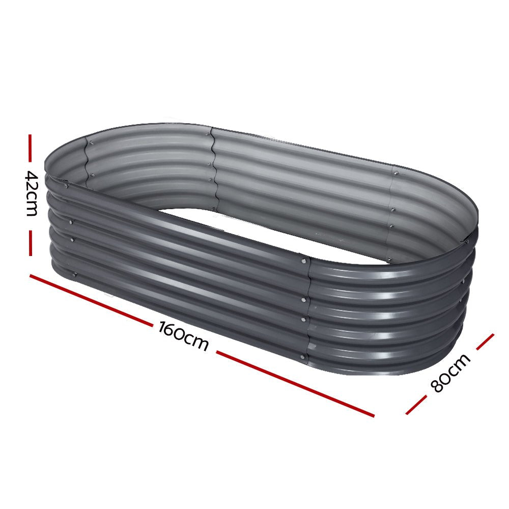 Garden Bed | Oval Raised Container Planter Box | 160x80x42cm | Galvanised Steel | Greenfingers | Grey
