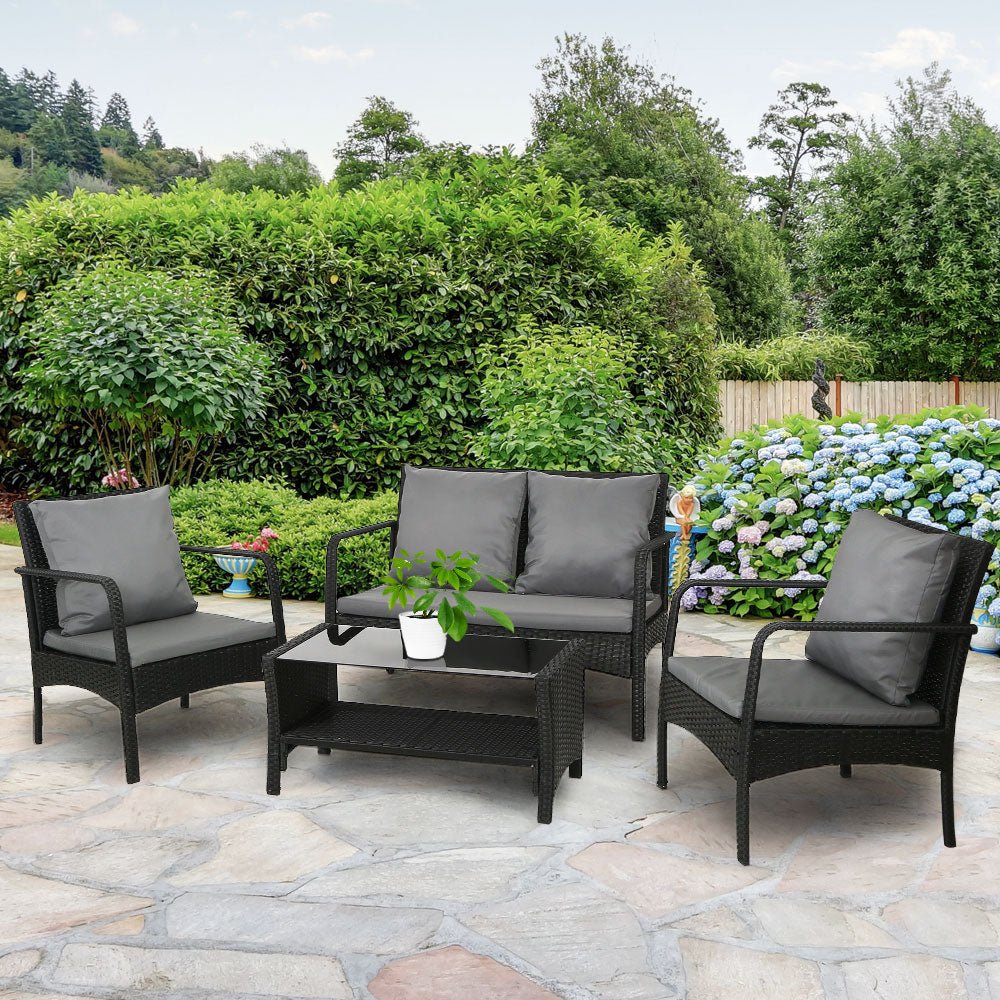 Outdoor Lounge Setting | 4 Piece Sofa Set | Table with Shelf | Gardeon Brand | Black
