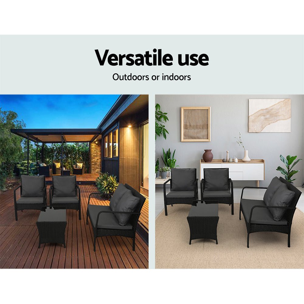 Outdoor Lounge Setting | 4 Piece Sofa Set | Table with Shelf | Gardeon Brand | Black