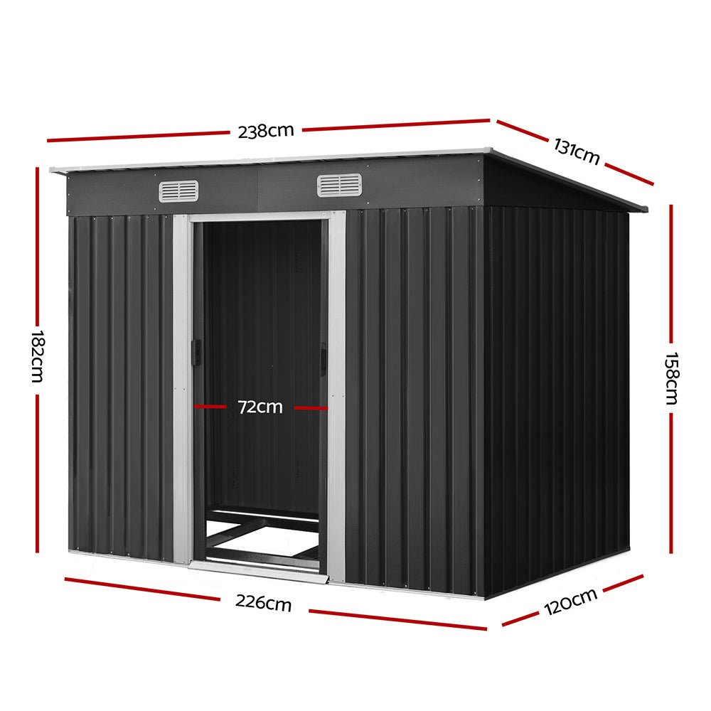 Garden Shed | With Metal Base Frame | Sliding Doors | 2.38mx1.31m | Giantz | Grey