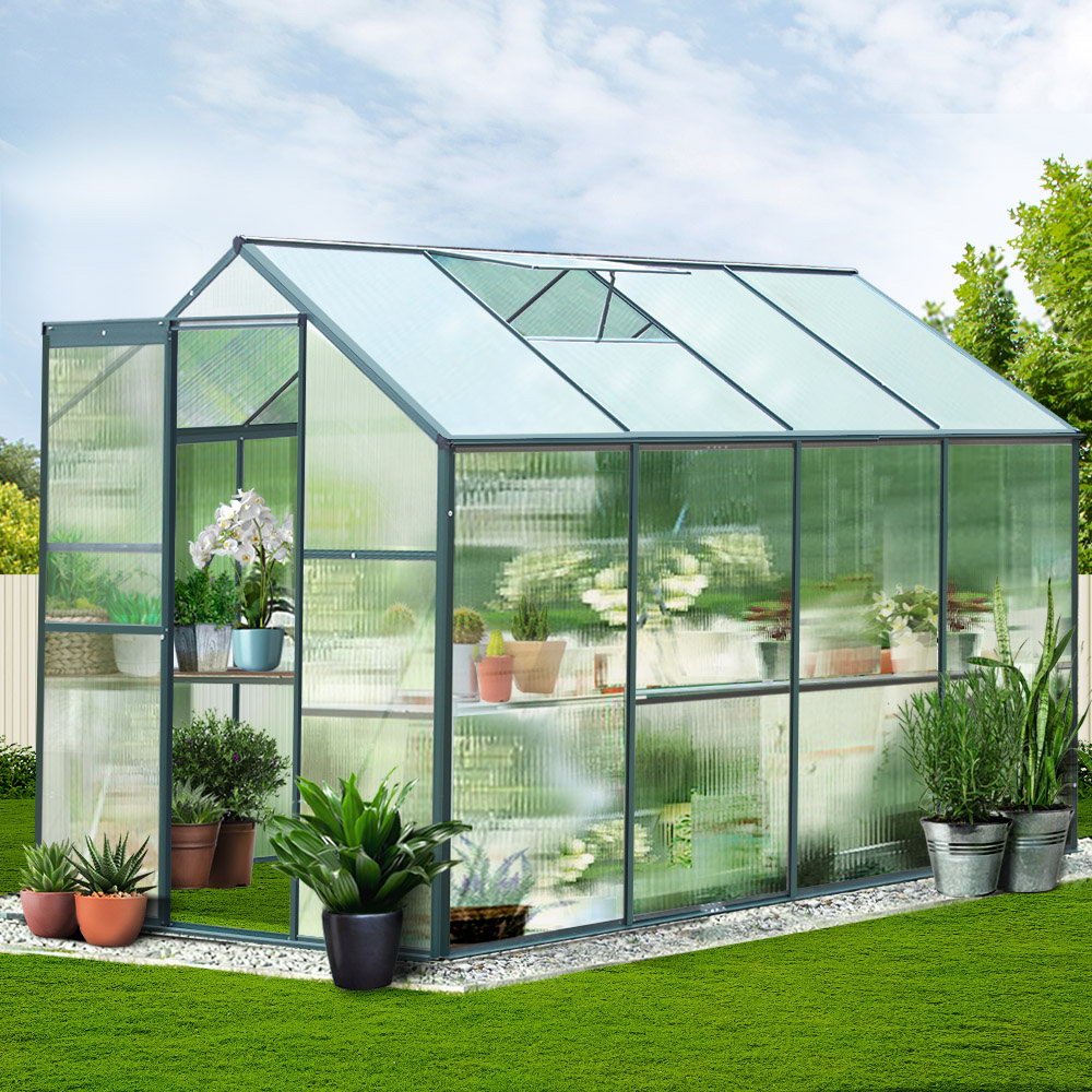 Greenhouse | Aluminium Polycarbonate Green House Garden Shed | Greenfingers | 2.52x1.9M | Green