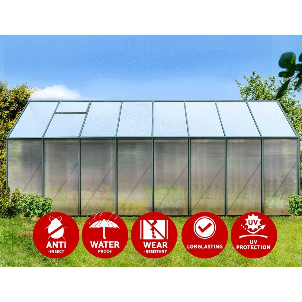 Greenhouse | Aluminium Polycarbonate Green House | Double Doors Large | Greenfingers | 5.1x2.44M | Green