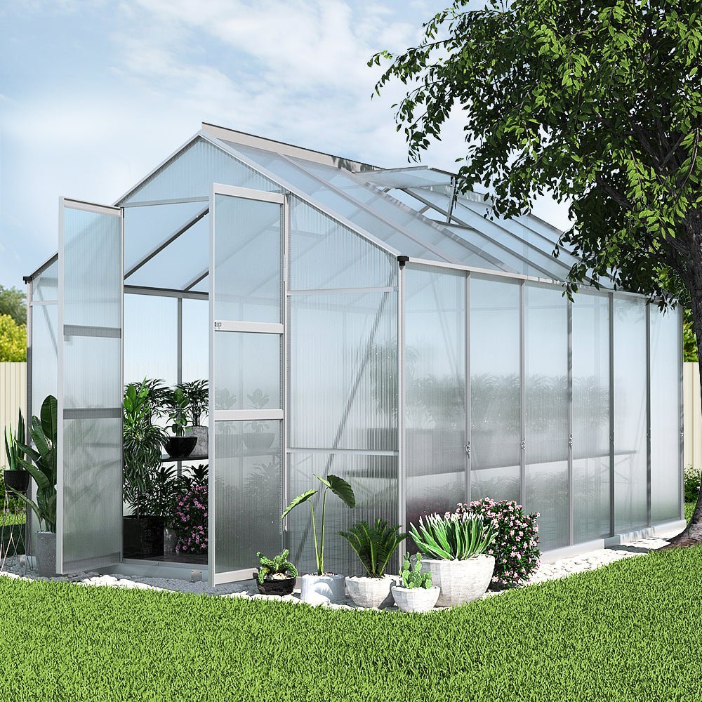 Greenhouse | Aluminium Double Doors Green House Garden Shed | Double Doors | Greenfingers | 3.7x2.5M | Silver