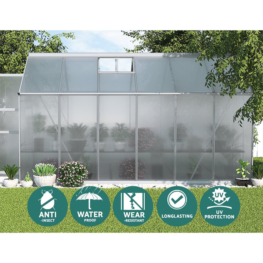 Greenhouse | Aluminium Double Doors Green House Garden Shed | Double Doors | Greenfingers | 3.7x2.5M | Silver