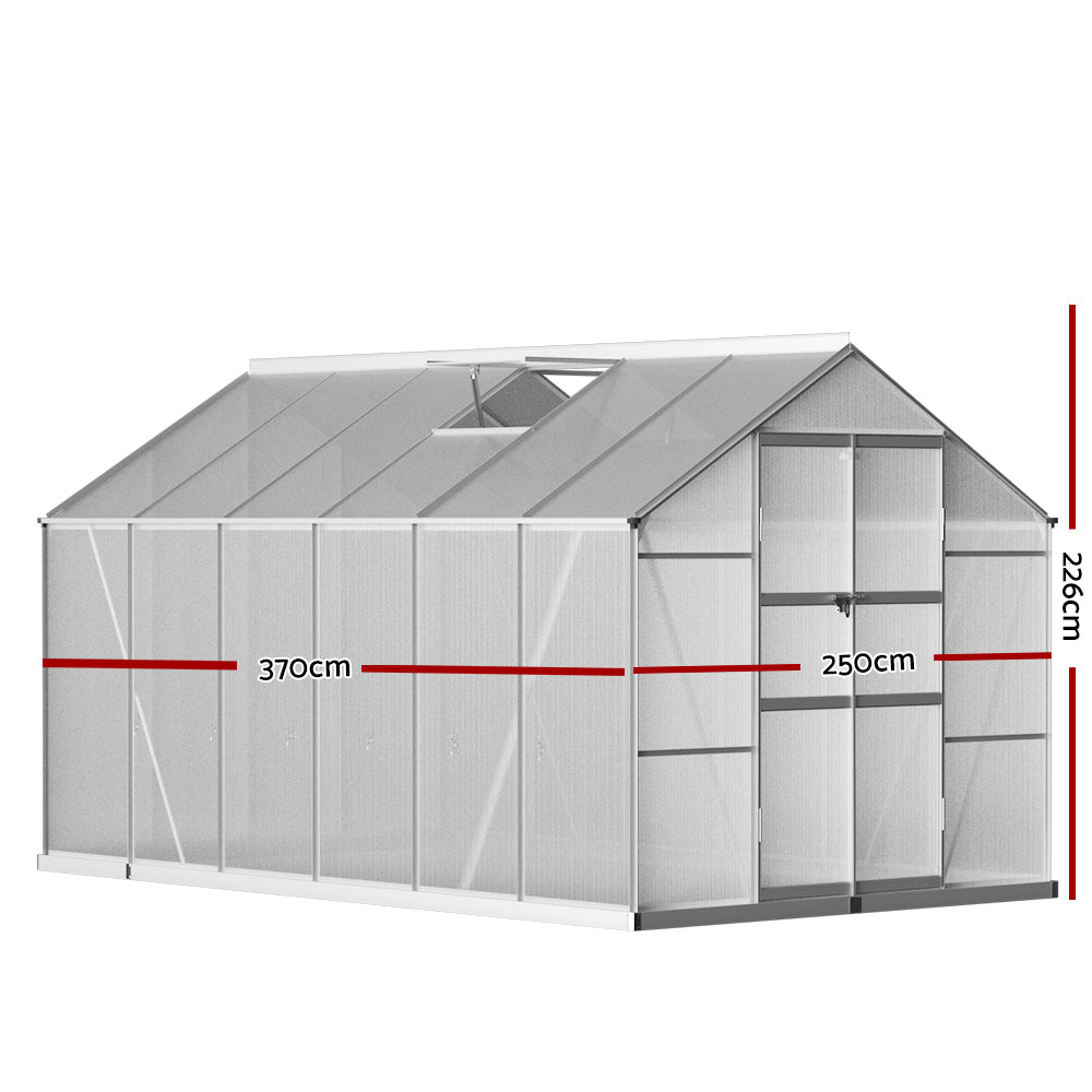 Greenhouse | Aluminium Double Doors Green House Garden Shed | Double Doors | Greenfingers | 3.7x2.5M | Silver