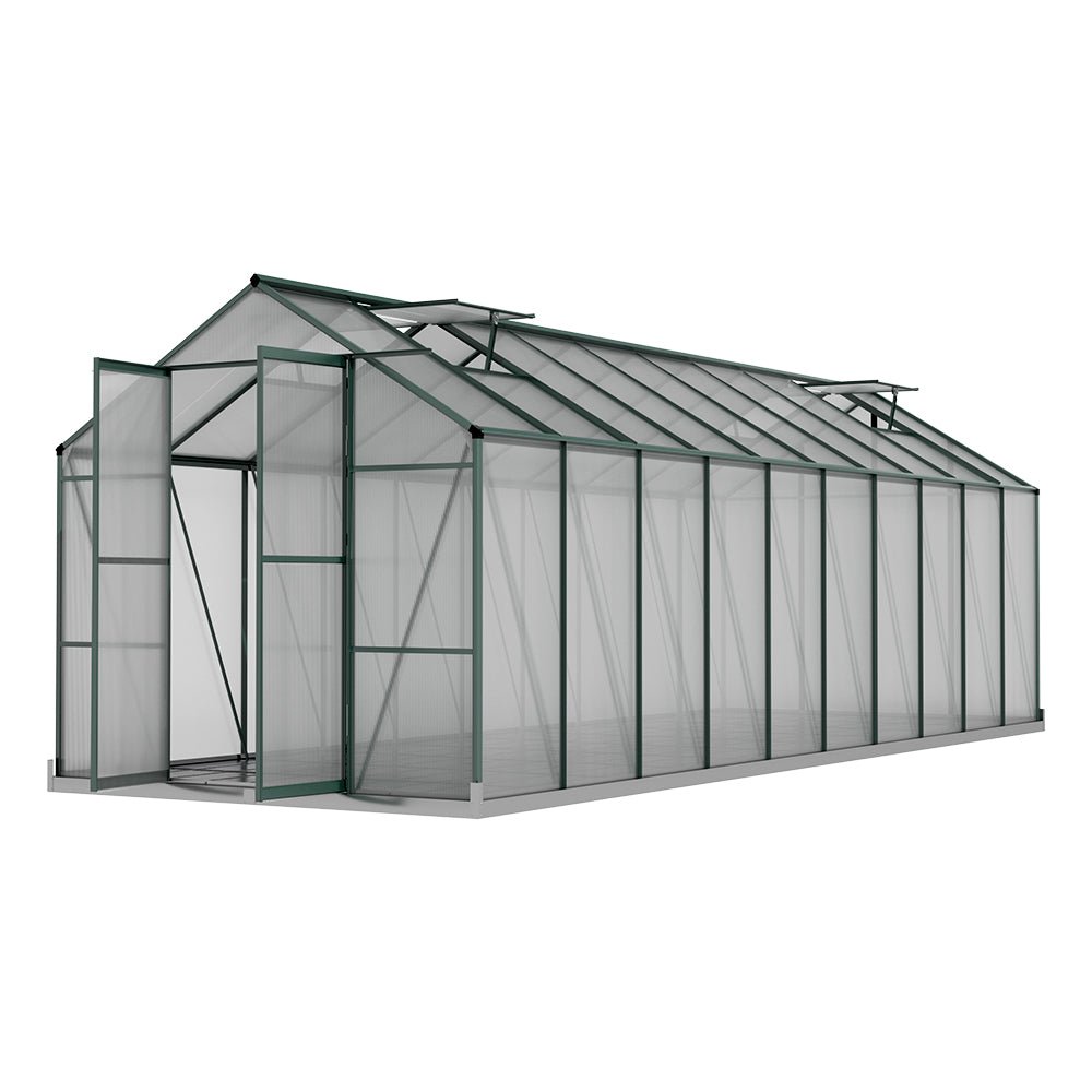 Greenhouse | Aluminium Polycarbonate Green House | Double Doors Large | Greenfingers | 6.3x2.44M | Green