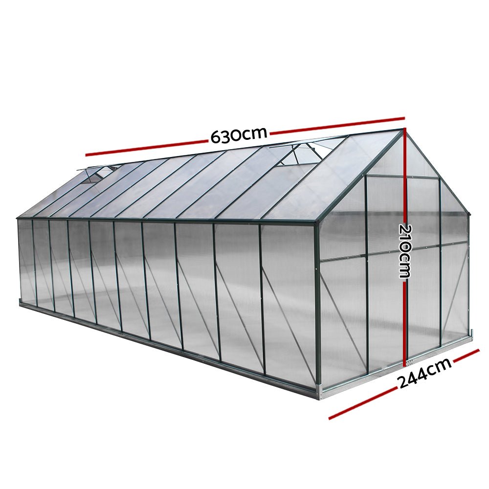 Greenhouse | Aluminium Polycarbonate Green House | Double Doors Large | Greenfingers | 6.3x2.44M | Green