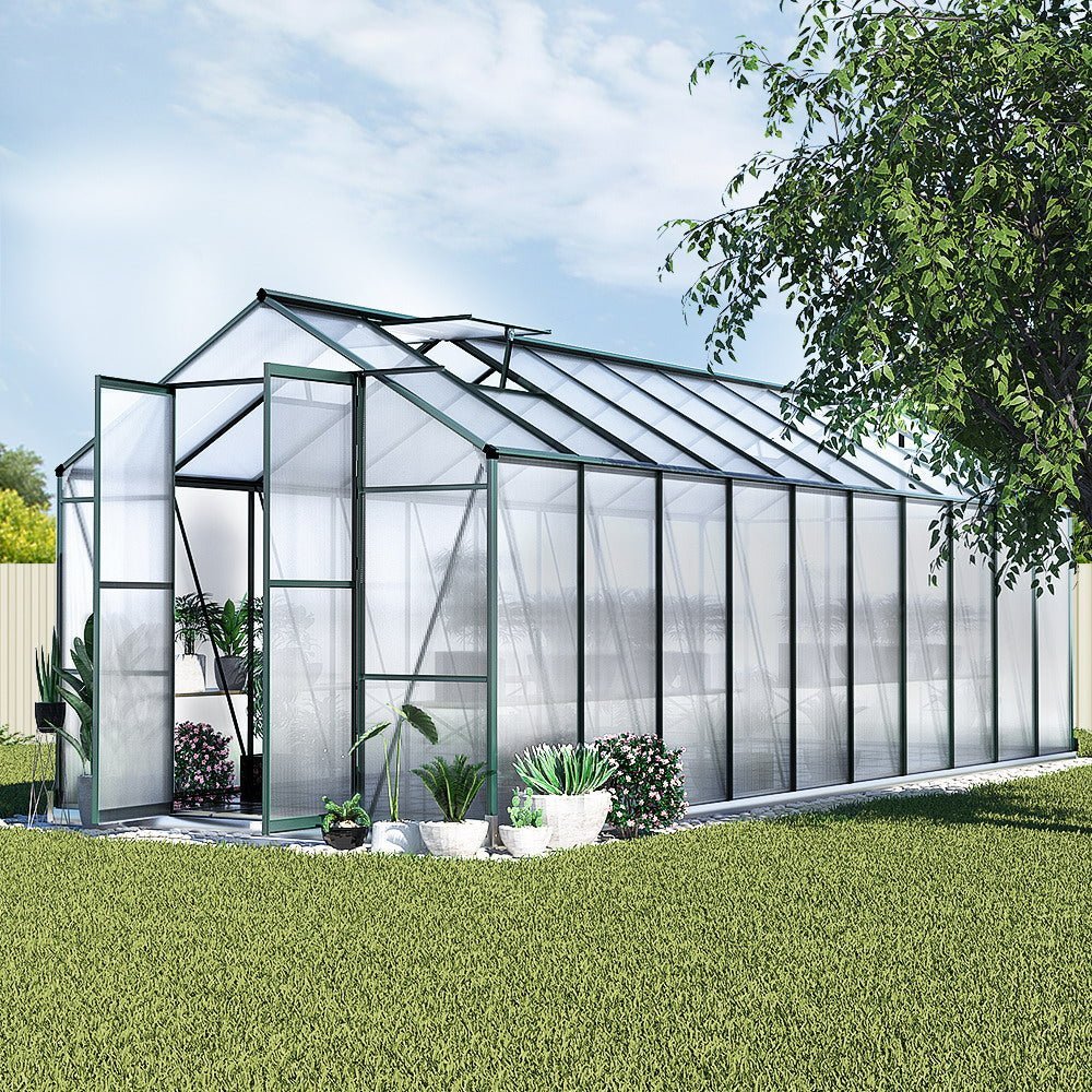 Greenhouse | Aluminium Polycarbonate Green House | Double Doors Large | Greenfingers | 6.3x2.44M | Green