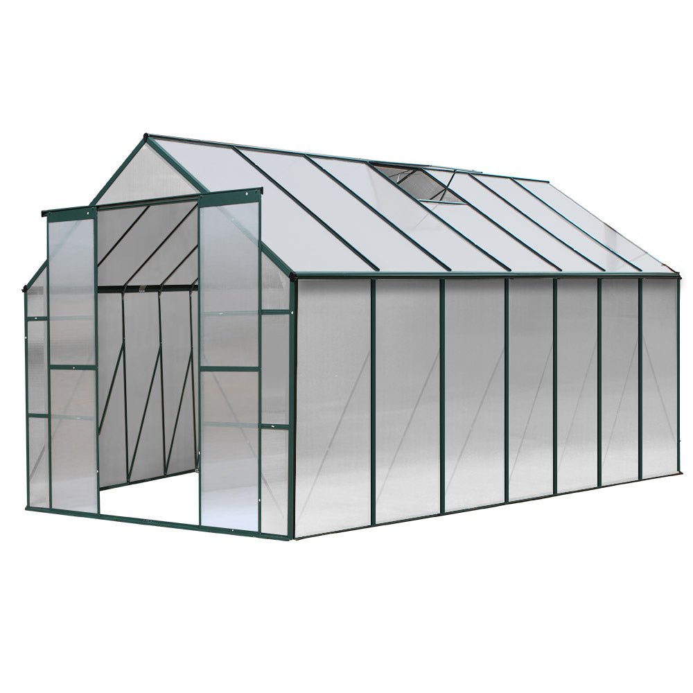 Greenhouse | Aluminium Polycarbonate Green House | Double Doors Large | Greenfingers | 4.43x2.44M | Green
