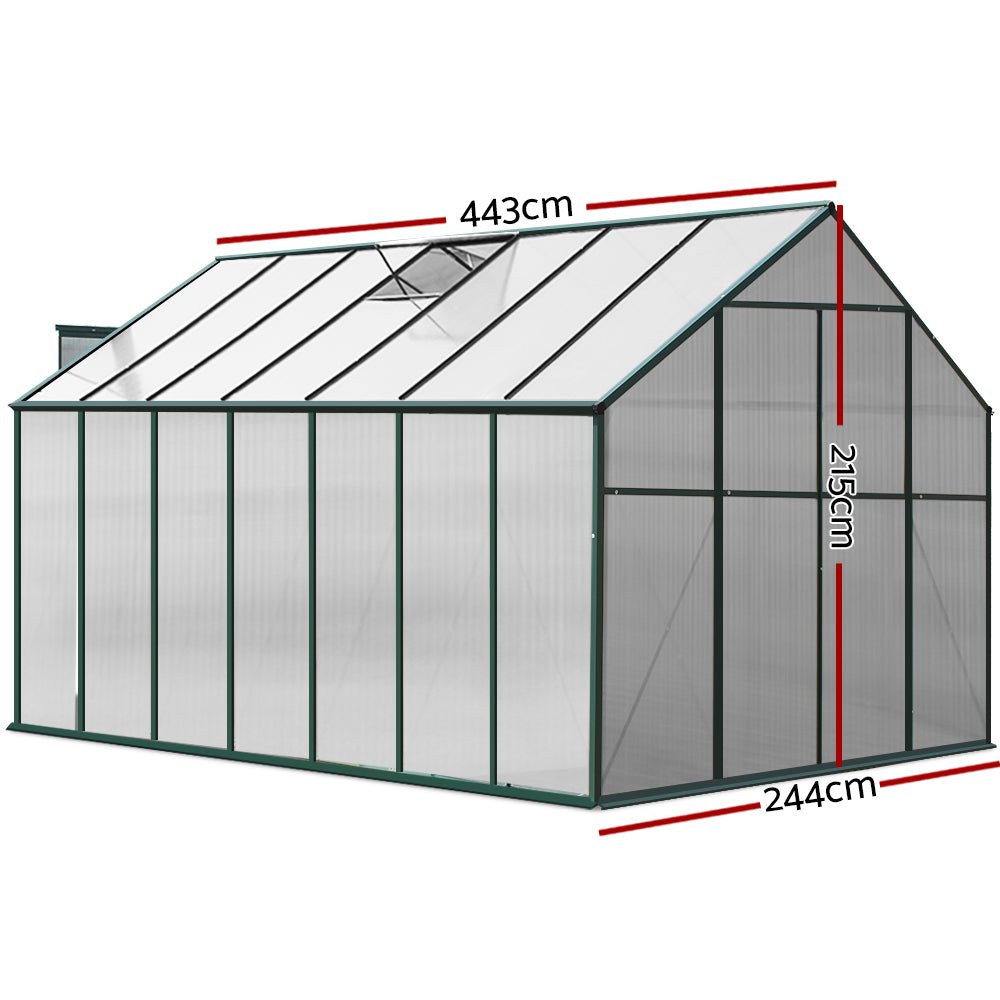 Greenhouse | Aluminium Polycarbonate Green House | Double Doors Large | Greenfingers | 4.43x2.44M | Green