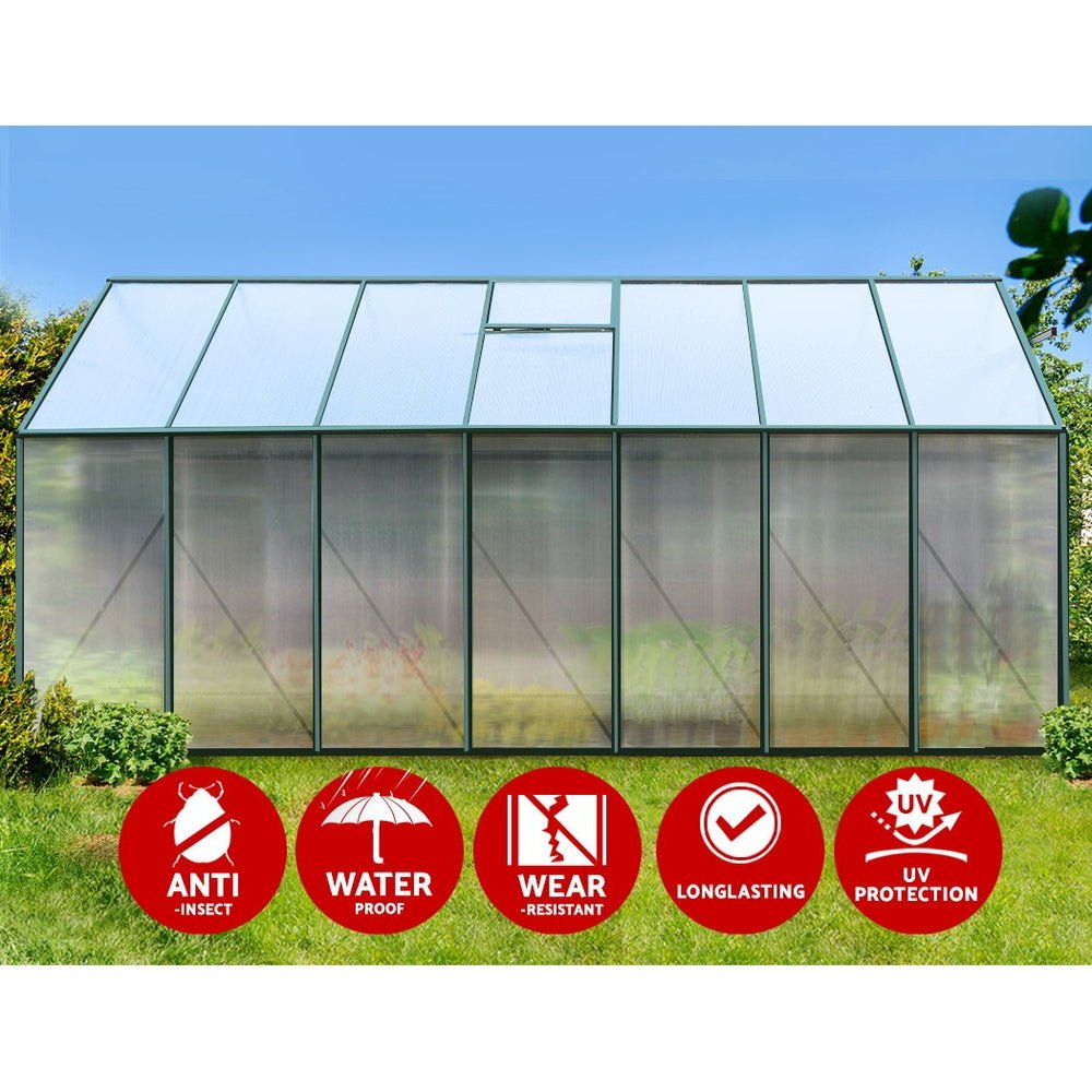 Greenhouse | Aluminium Polycarbonate Green House | Double Doors Large | Greenfingers | 4.43x2.44M | Green