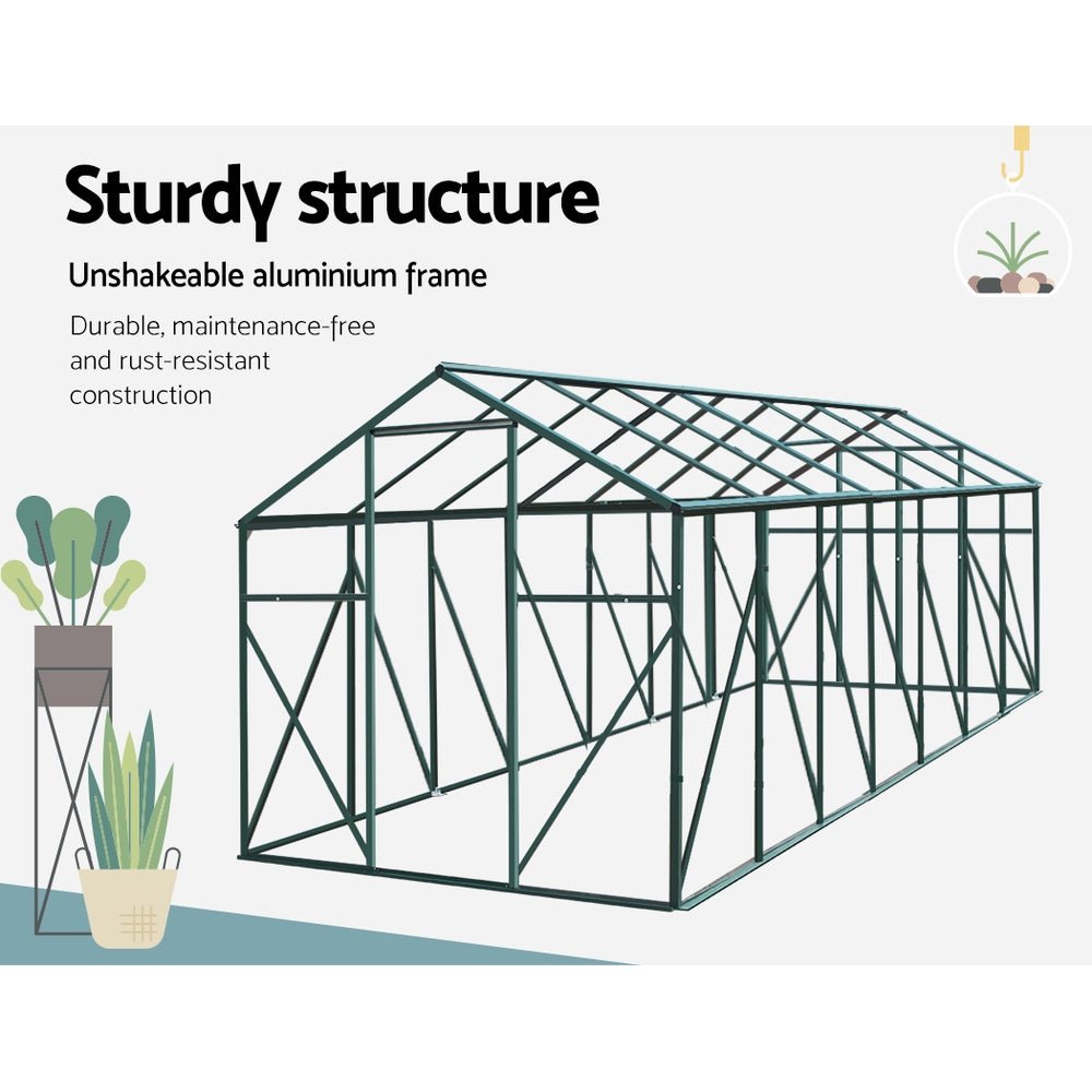 Greenhouse | Aluminium Polycarbonate Green House | Double Doors Large | Greenfingers | 4.43x2.44M | Green