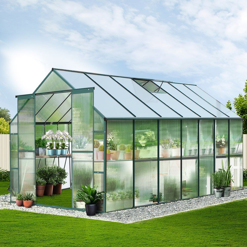 Greenhouse | Aluminium Polycarbonate Green House | Double Doors Large | Greenfingers | 4.43x2.44M | Green