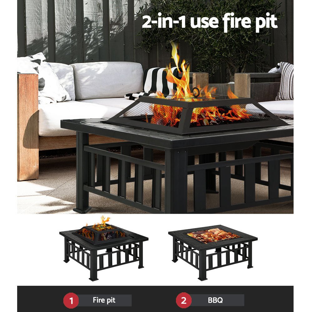 Fire Pit | Square BBQ Grill Table | Grillz Brand | 81cm | Black