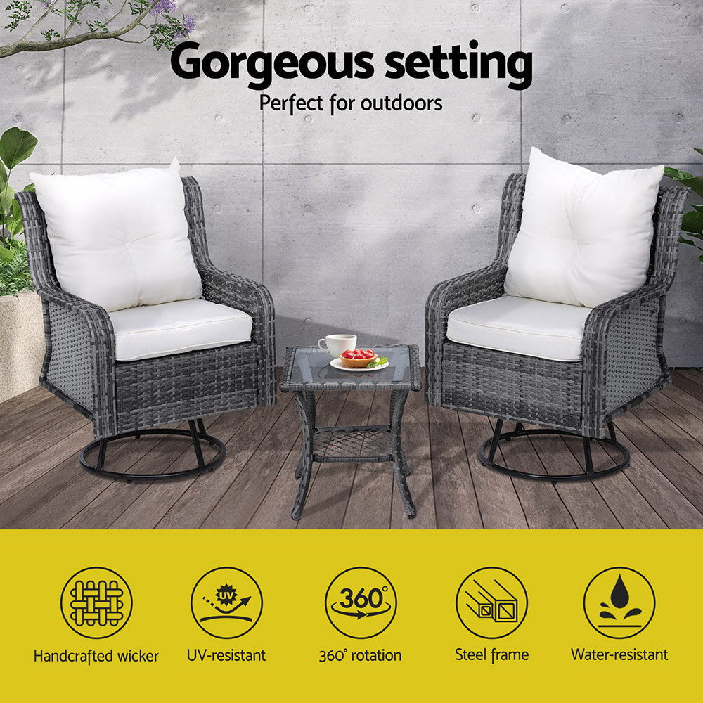 Conversation Set | 360 Deg Swivel Chairs | Wicker | Gardeon | Grey