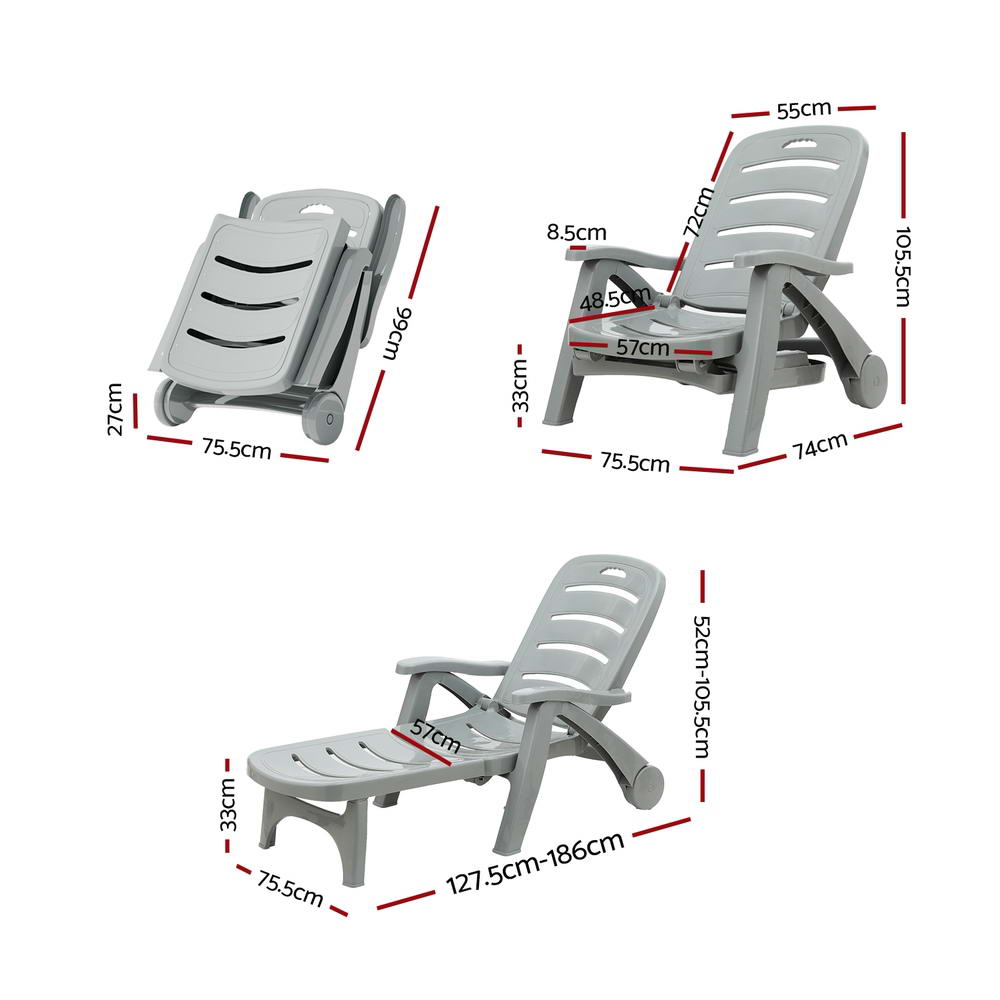 Sun Lounge Recliner Chair Folding Chaise Lounge Wheels Outdoor Grey