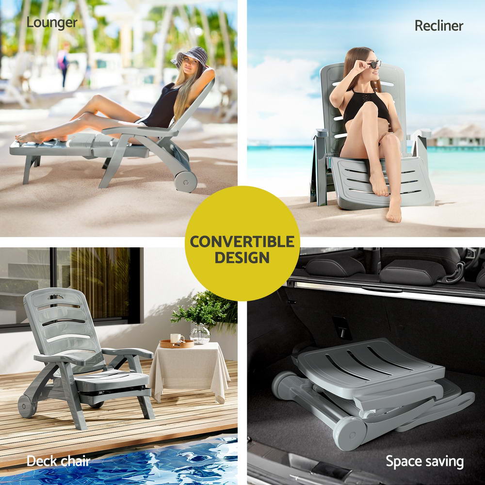 Sun Lounge Recliner Chair Folding Chaise Lounge Wheels Outdoor Grey