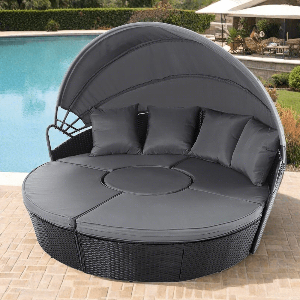 Outdoor Daybed Rattan 4-Piece Day Bed Sun Lounge Set Black