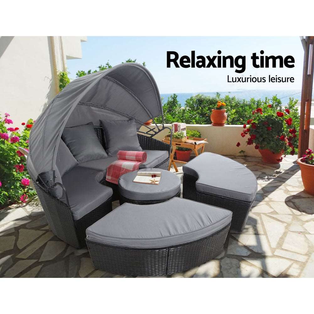 Outdoor Daybed Rattan 4-Piece Day Bed Set Black