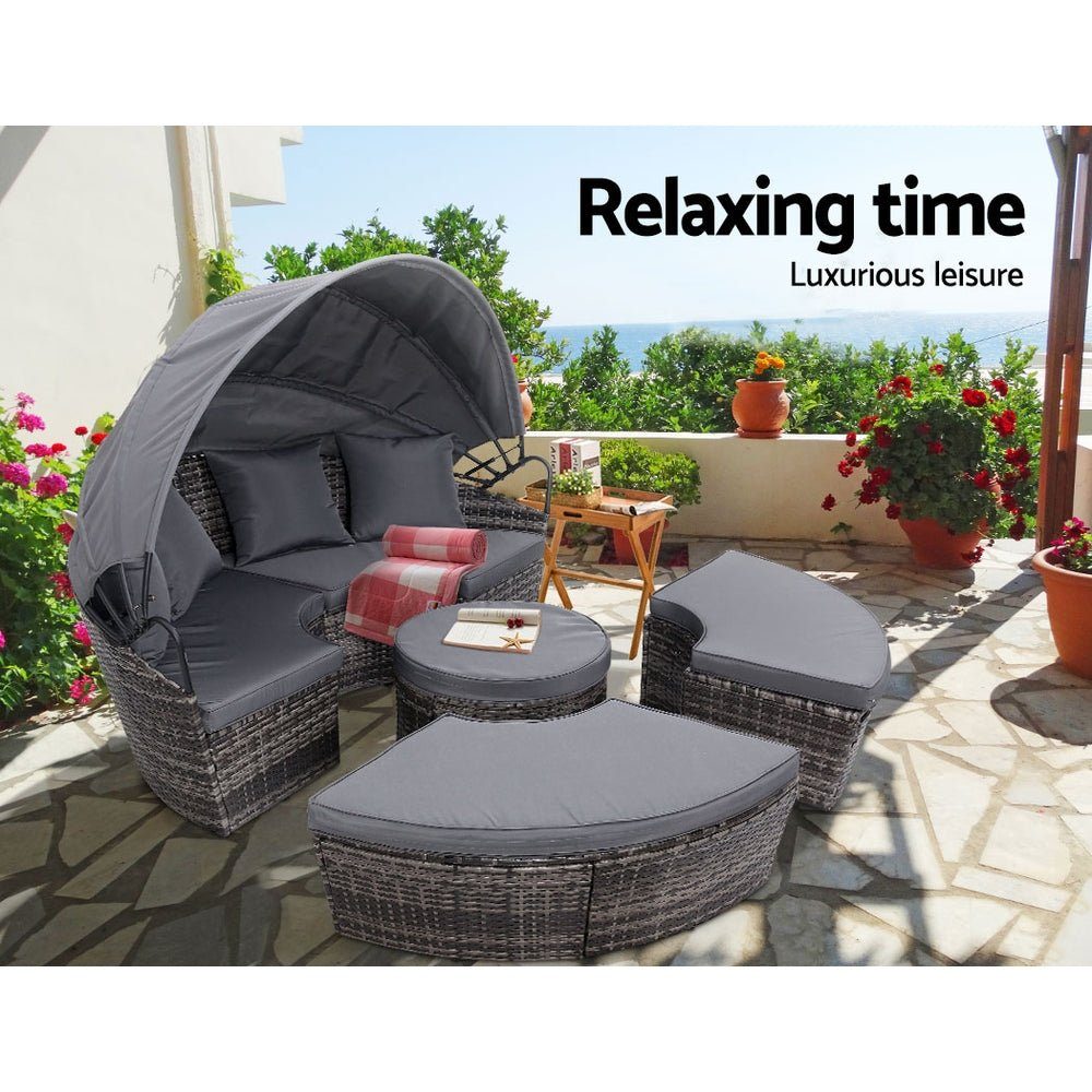 Outdoor Daybed Rattan 4-Piece Day Bed Set Grey