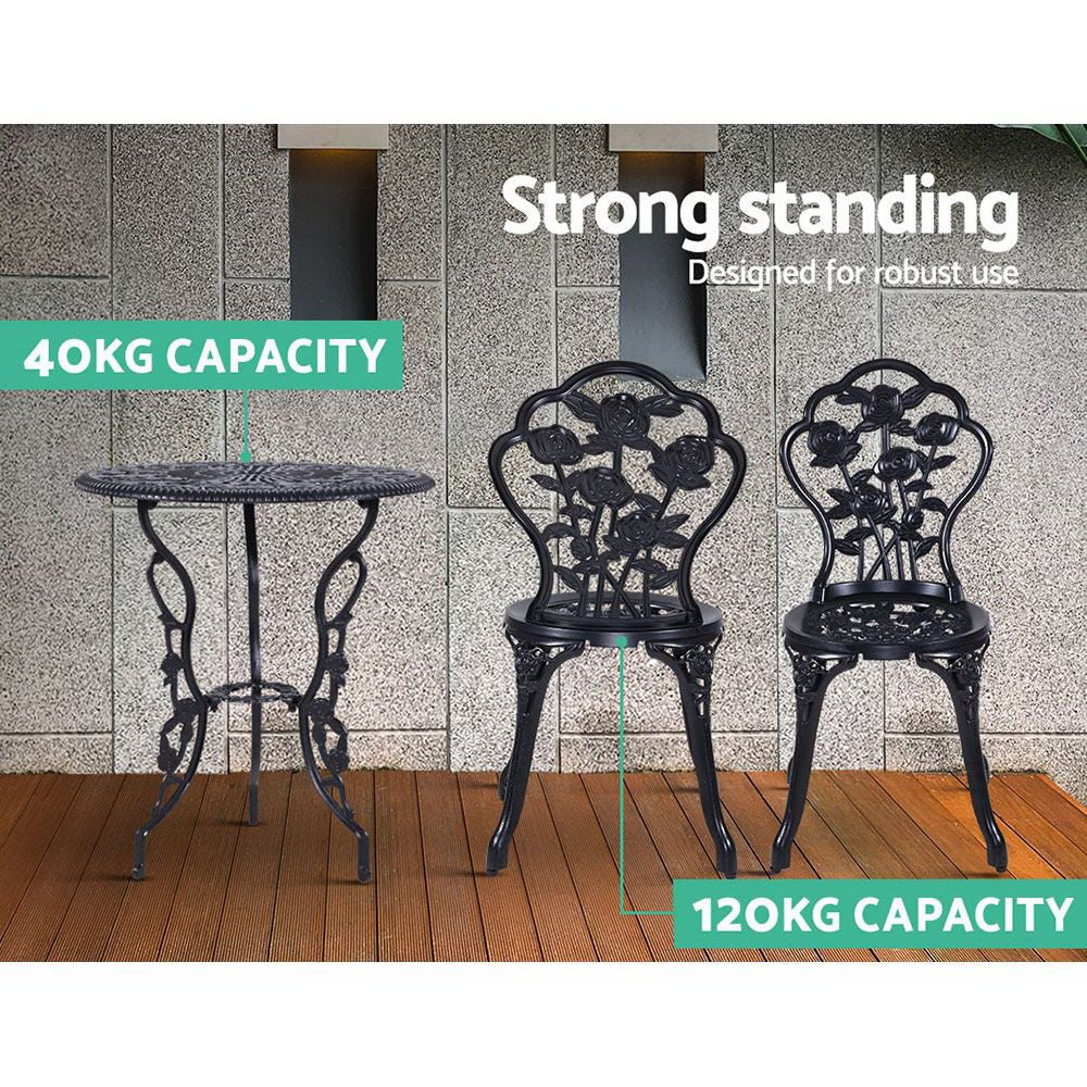 Outdoor Dining Setting for 2 | Bistro Set | Cast Aluminium | Rose Design | Black