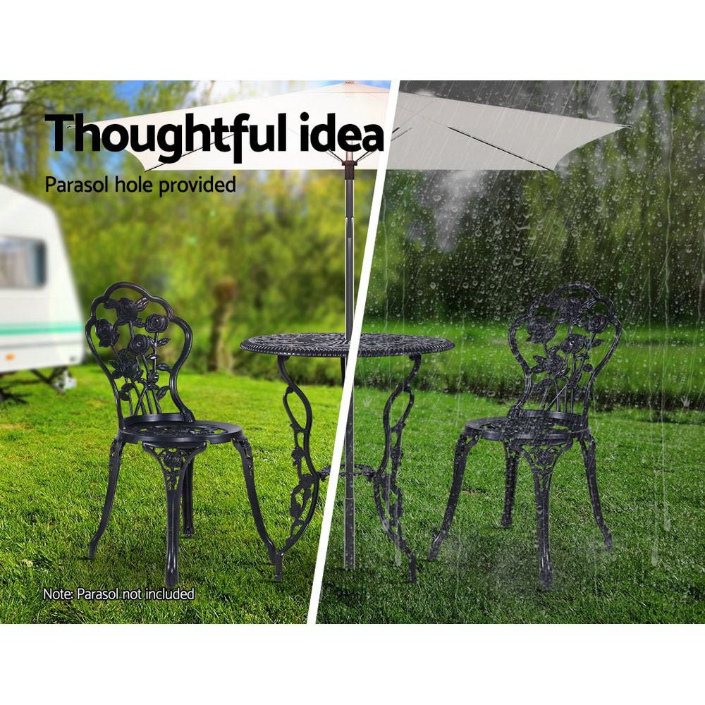 Outdoor Dining Setting for 2 | Bistro Set | Cast Aluminium | Rose Design | Black