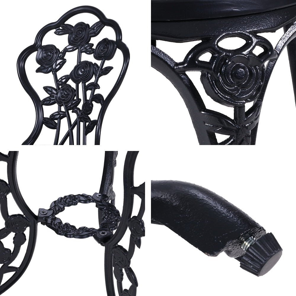 Outdoor Dining Setting for 2 | Bistro Set | Cast Aluminium | Rose Design | Black