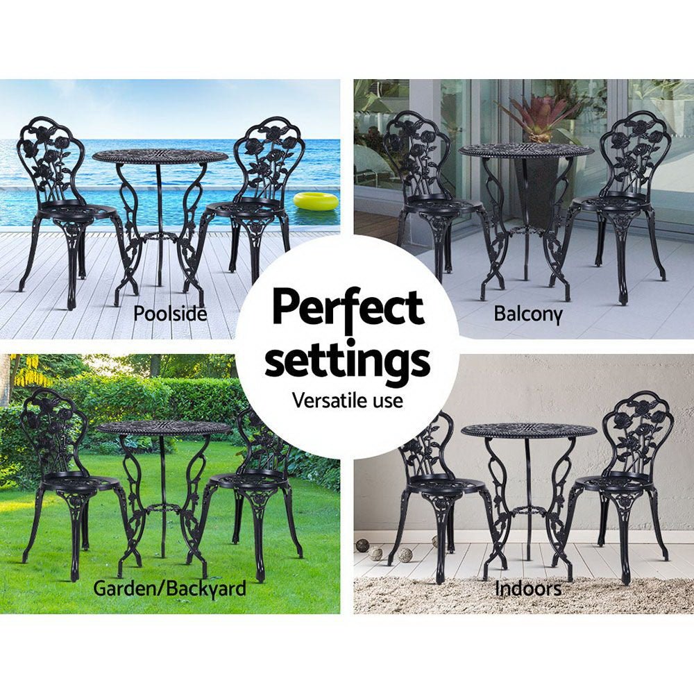 Outdoor Dining Setting for 2 | Bistro Set | Cast Aluminium | Rose Design | Black