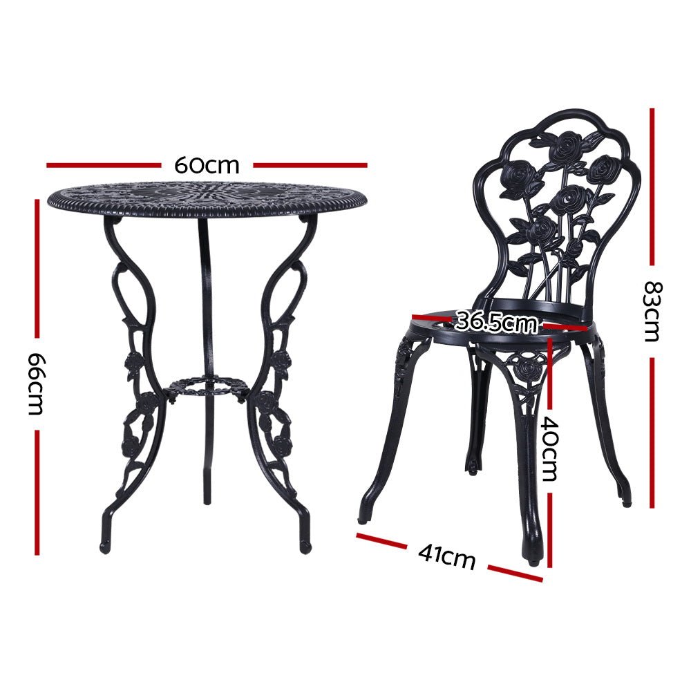 Outdoor Dining Setting for 2 | Bistro Set | Cast Aluminium | Rose Design | Black