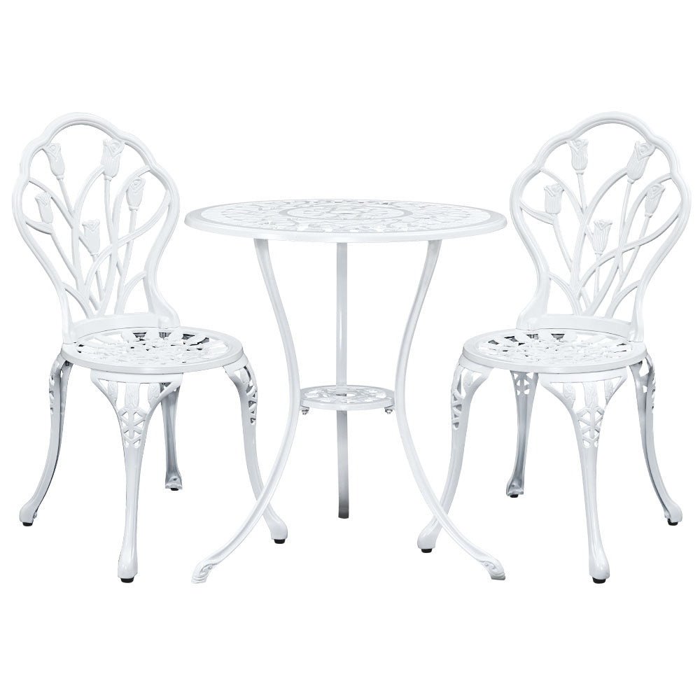 Outdoor Dining Setting for 2 | Bistro Set | Cast Aluminium | Tulip Design | White