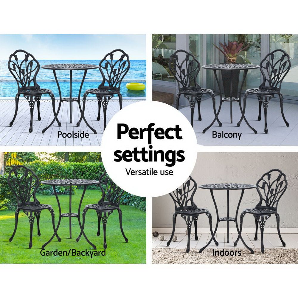 Outdoor Dining Setting for 2 | Bistro Set | Cast Aluminium | Tulip Design | Black