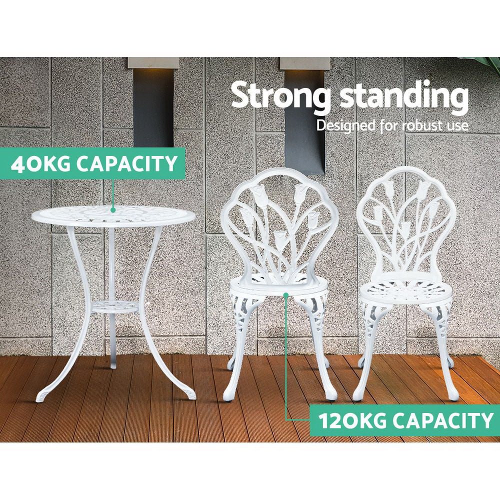 Outdoor Dining Setting for 2 | Bistro Set | Cast Aluminium | Tulip Design | White