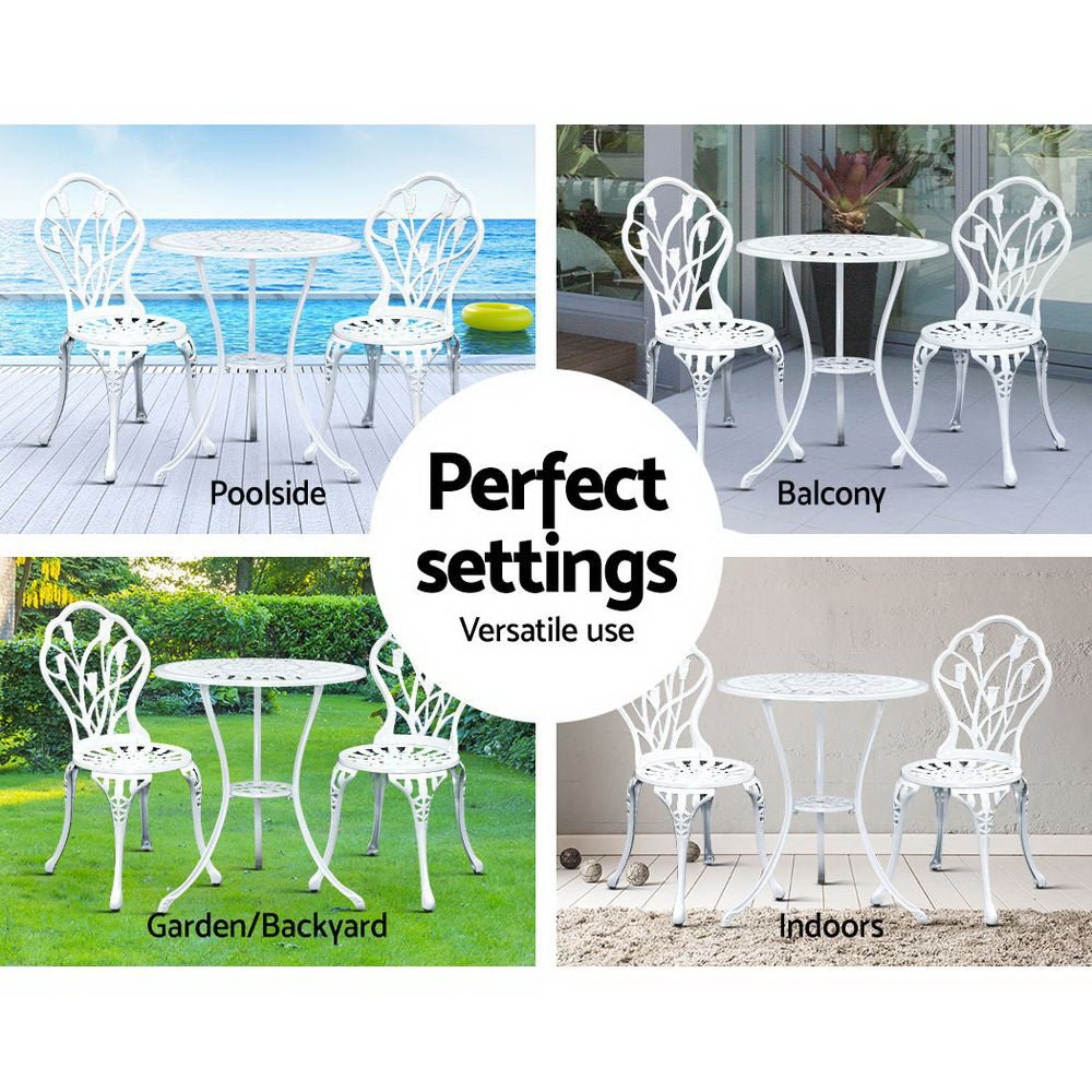 Outdoor Dining Setting for 2 | Bistro Set | Cast Aluminium | Tulip Design | White