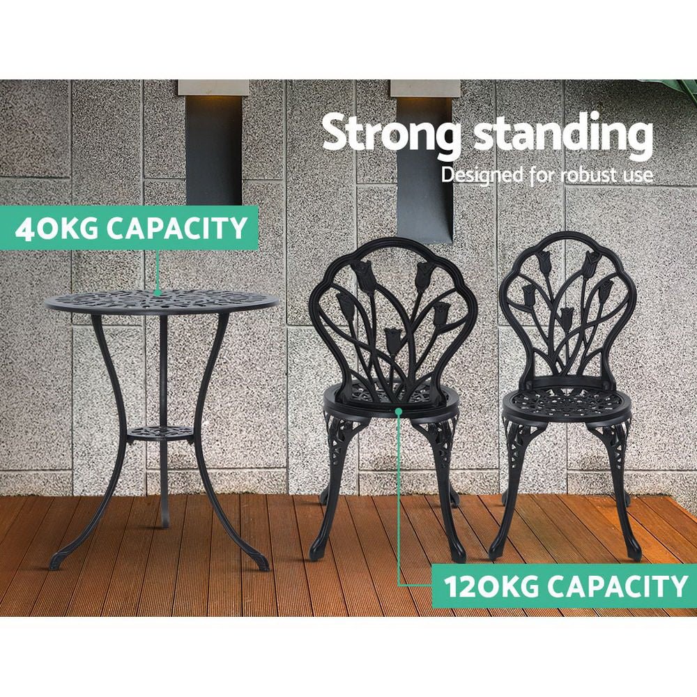 Outdoor Dining Setting for 2 | Bistro Set | Cast Aluminium | Tulip Design | Black