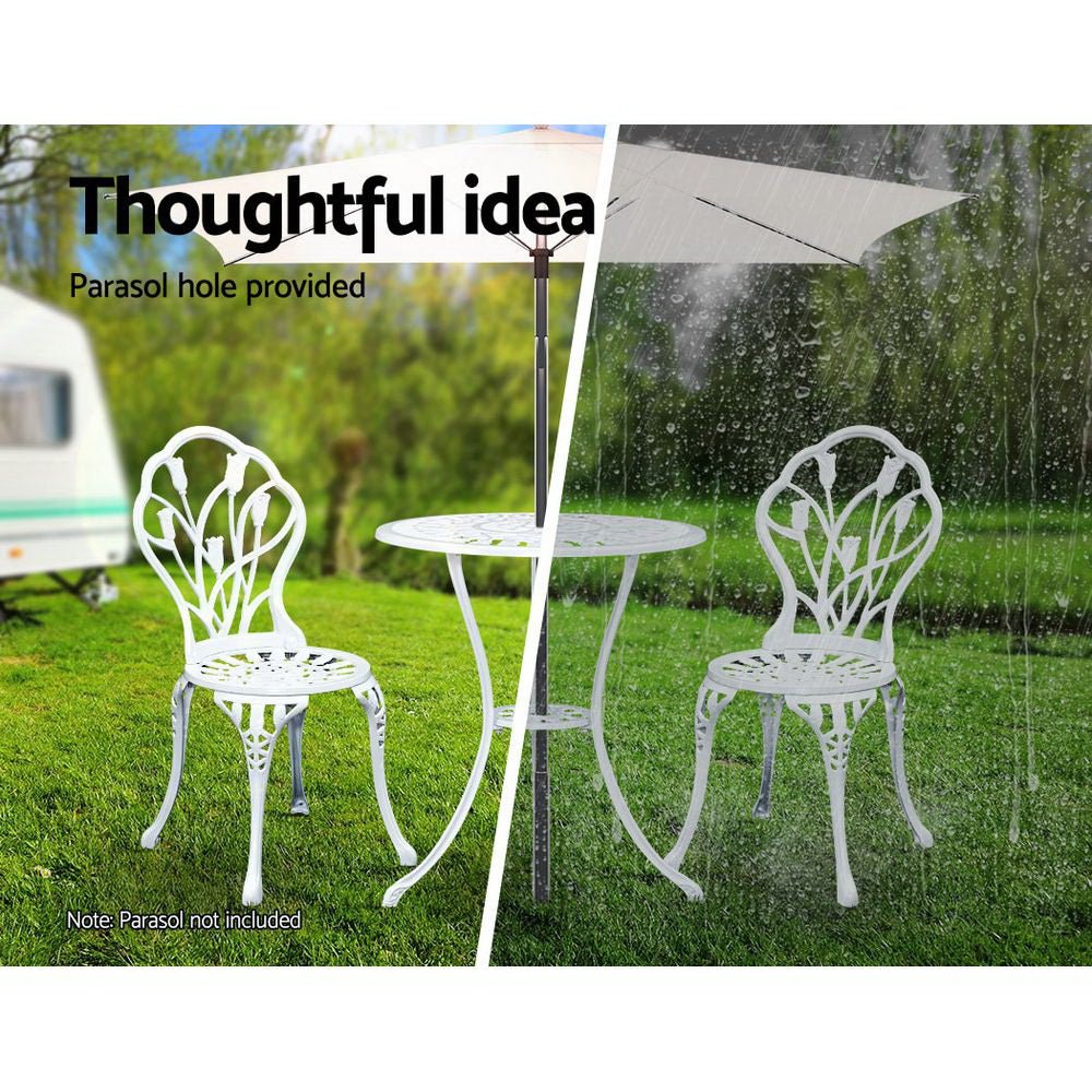 Outdoor Dining Setting for 2 | Bistro Set | Cast Aluminium | Tulip Design | White