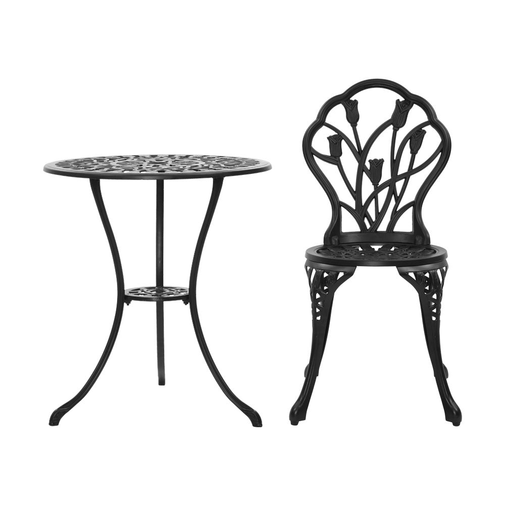 Outdoor Dining Setting for 2 | Bistro Set | Cast Aluminium | Tulip Design | Black