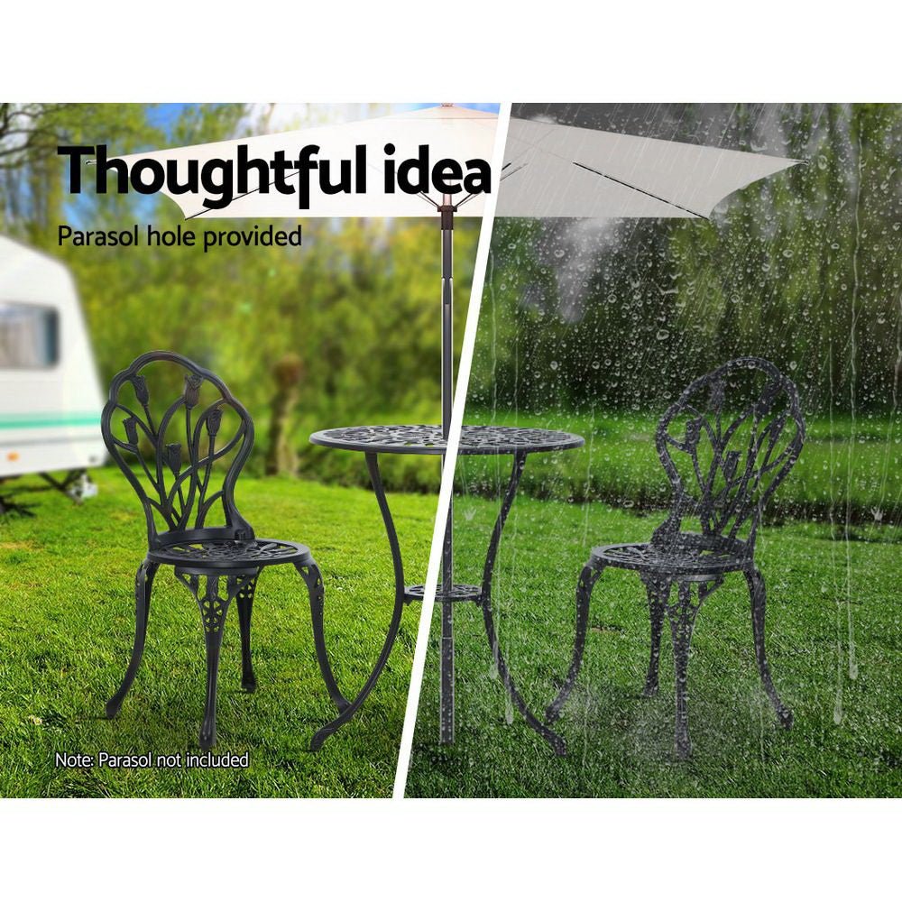 Outdoor Dining Setting for 2 | Bistro Set | Cast Aluminium | Tulip Design | Black