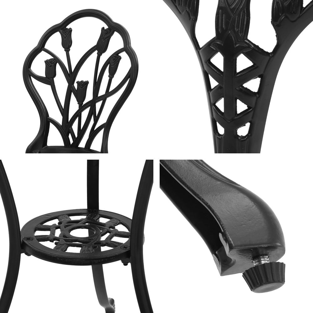Outdoor Dining Setting for 2 | Bistro Set | Cast Aluminium | Tulip Design | Black